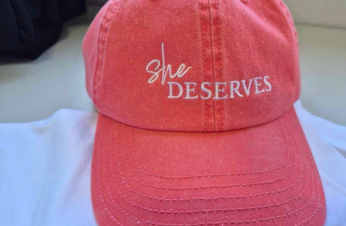 She Deserves Cap – side view, motivational accessory Australia